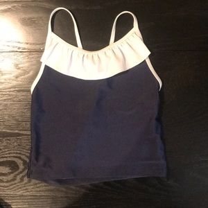 blue and white ruffle tanking top.